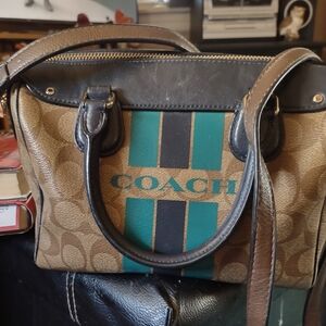 Coach Brown and Black Handbag with Teal Accent